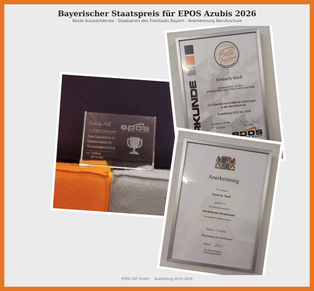 Urkunden und Pokal der EPOS Azubis für die Auszeichnung mit dem Bayerischen Staatspreis 2026 für überdurchschnittliche Leistungen in der Berufsschule